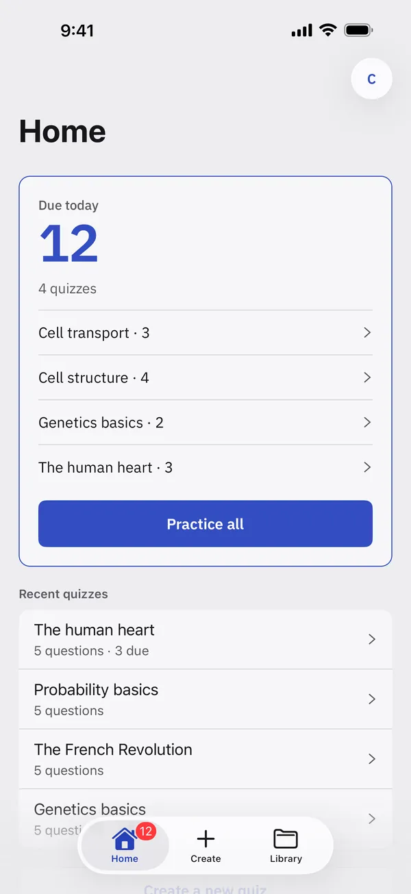 Écran d’accueil de l’app CanQuiz pour iPhone : 12 questions à revoir aujourd’hui dans quatre quiz, et le bouton pour s’entraîner sur tout